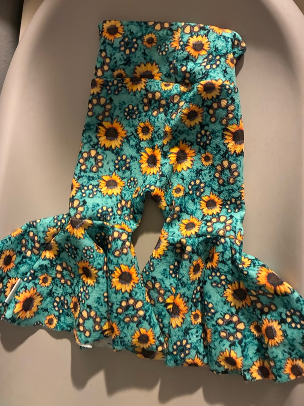 Sunflower Print Ruffle Bell Bottoms - Teal & Yellow